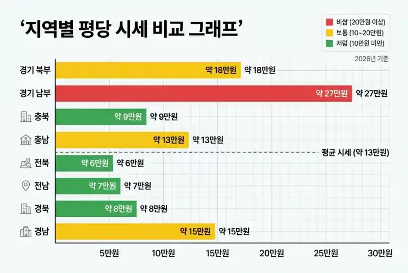 지역별 평당 시세 비교 그래프 (2026년 기준)