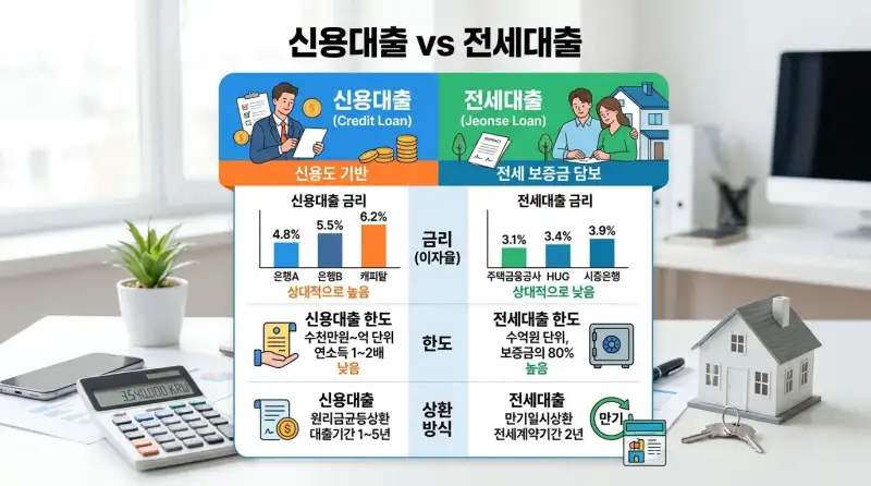 신용대출 vs 전세대출: 2026년 금리·한도·DSR 완벽 비교