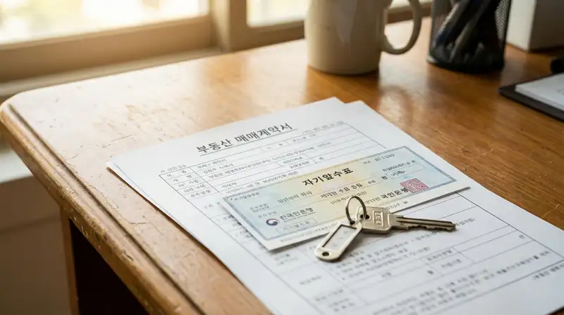 나무 책상 위 부동산 매매계약서와 자기앞수표, 열쇠