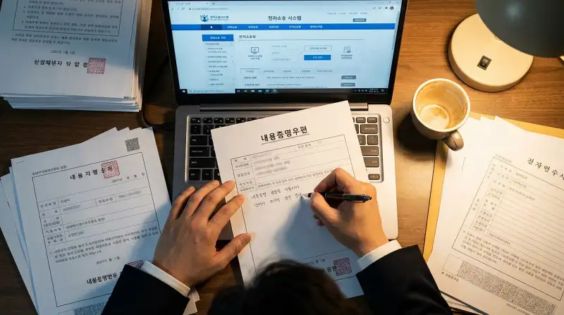 내용증명우편 작성 중인 손과 전자소송 시스템