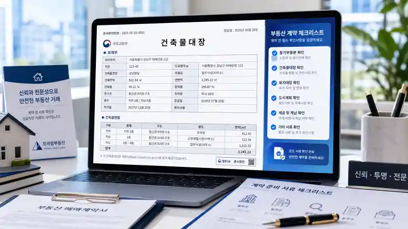 노트북 화면에 건축물대장과 체크리스트가 보이는 밝은 부동산 계약 콘셉트