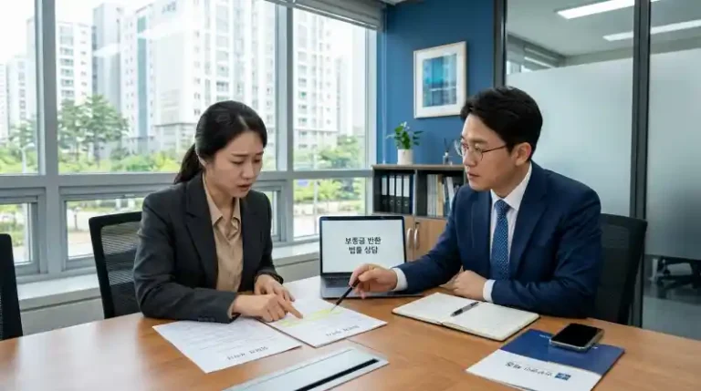 법률 상담실에서 임대차계약서를 검토하는 임차인