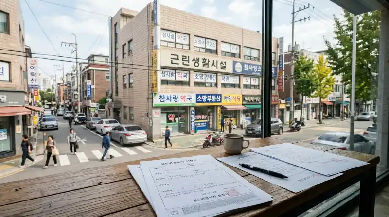 상업용 건물 외관과 서류