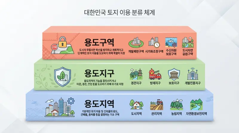 용도지역/용도지구/용도구역 3단 계층 인포그래픽