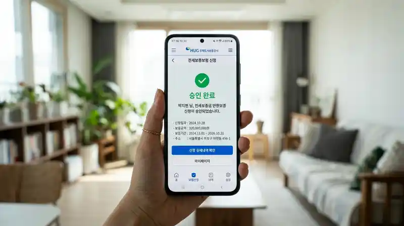 전세보증보험 신청 앱 화면이 표시된 스마트폰을 손에 든 모습 