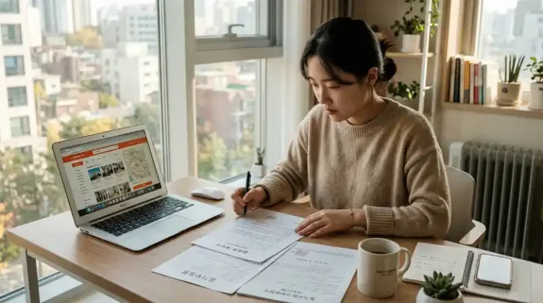 젊은 임차인이 책상에서 임대차 계약서와 등기부등본을 검토하는 모습