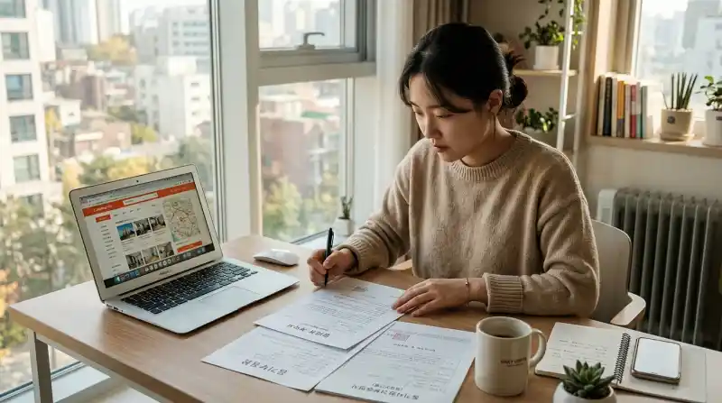 젊은 임차인이 책상에서 임대차 계약서와 등기부등본을 검토하는 모습