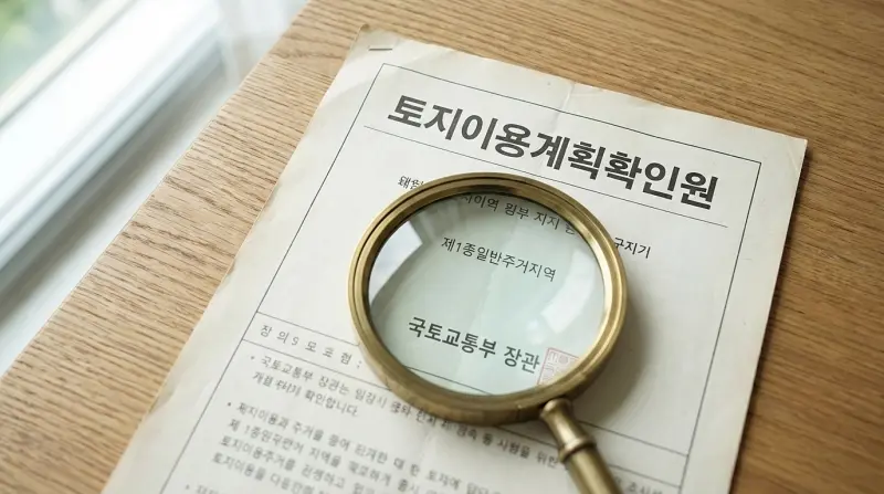 토지이용계획확인원 서류에 돋보기를 올린 현실적인 사진