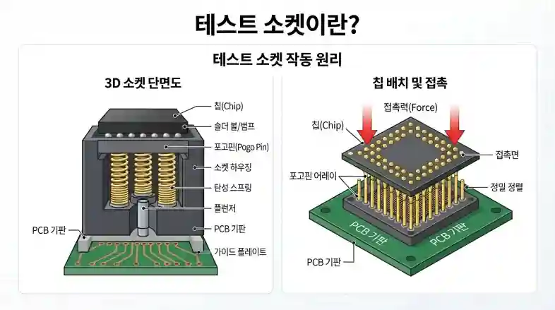 테스트 소켓과 반도체 칩의 결합 다이어그램