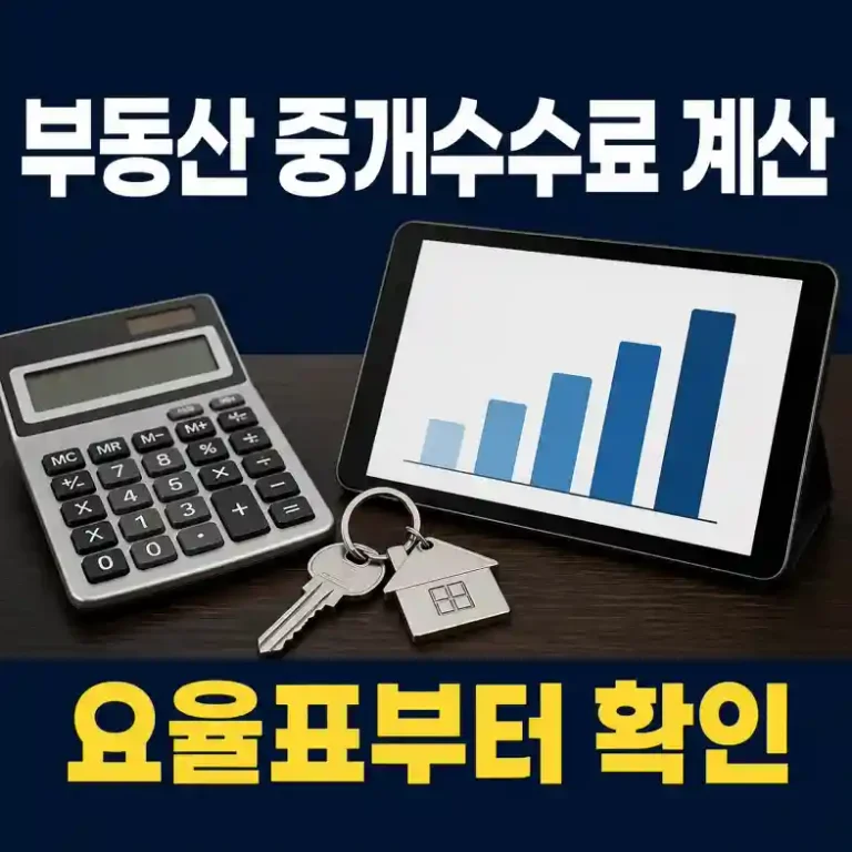 부동산 중개수수료 계산을 위해 계산기와 상한요율표를 확인하는 책상 장면