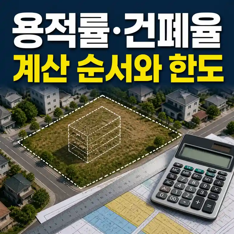 용도지역별 건폐율과 용적률 한도를 대지 평면도와 계산기로 산정하는 장면