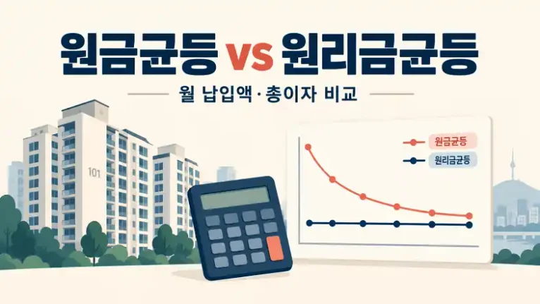 주택담보대출 원금균등과 원리금균등의 월 납입액 및 총이자 비교