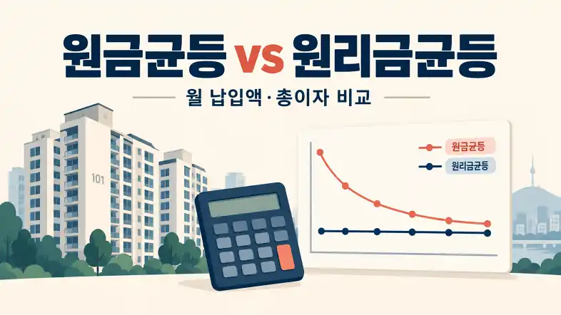 주택담보대출 원금균등과 원리금균등의 월 납입액 및 총이자 비교