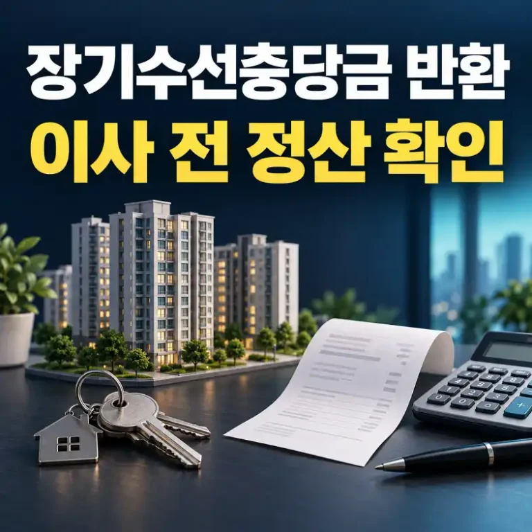 장기수선충당금 반환 정산을 상징하는 아파트 모형과 열쇠, 계산기