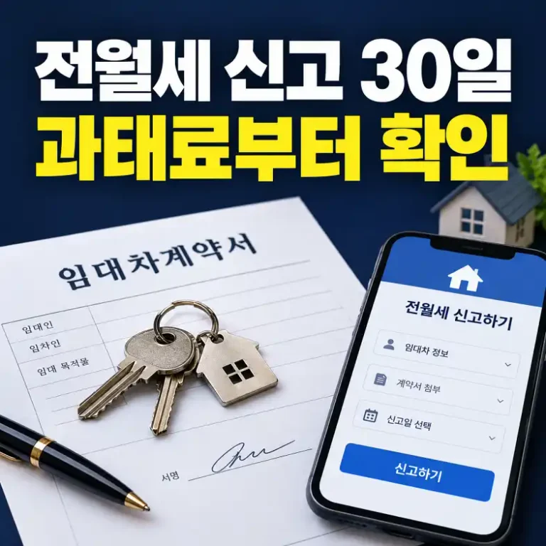 전월세 신고제 과태료를 피하기 위해 임대차계약서와 스마트폰으로 온라인 신고하는 모습