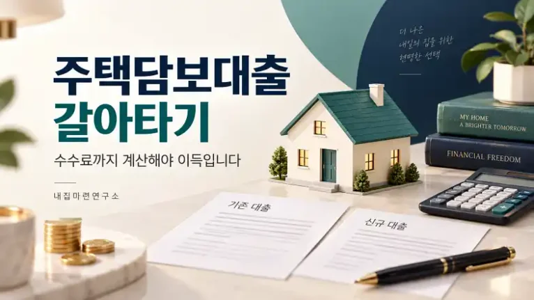 주택담보대출 갈아타기 손익분기점과 수수료 비교를 설명하는 주택·계산기 이미지