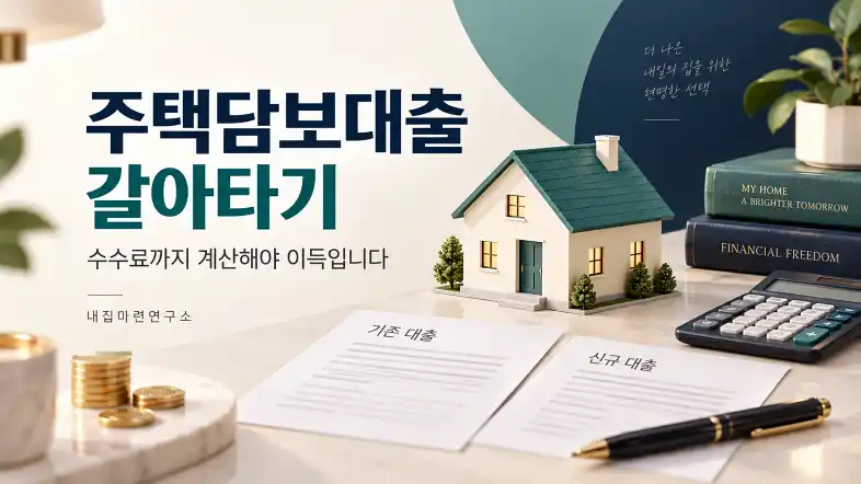 주택담보대출 갈아타기 손익분기점과 수수료 비교를 설명하는 주택·계산기 이미지