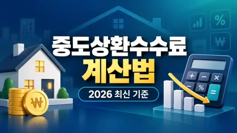 중도상환수수료 계산법 2026 최신 기준을 설명하는 주택과 계산기 이미지