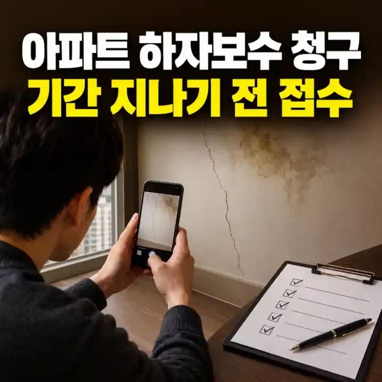아파트 하자보수 청구를 위해 신축 아파트 벽 균열과 누수 자국을 스마트폰으로 촬영해 기록하는 입주자
