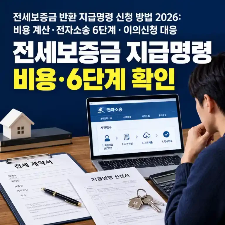 전세보증금 반환 지급명령 신청을 위해 임대차계약서와 전자소송 화면을 확인하는 모습