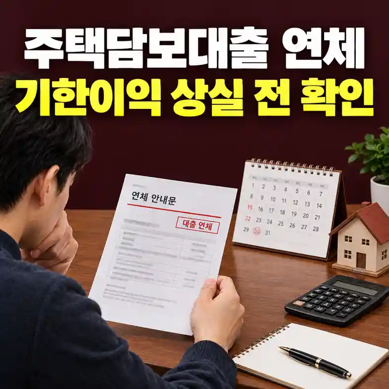 주택담보대출 연체 안내문과 달력을 보며 기한이익 상실 전 남은 날짜를 계산하는 집주인