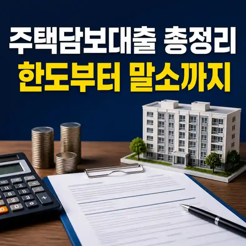주택담보대출 총정리 — 대출 계약서와 계산기, 아파트 모형으로 한도와 비용을 점검하는 장면